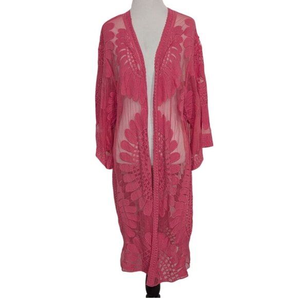 Jodifl Crochet Lace Kimono Cardigan Womens Size Large Pink Oversized Boho - Picture 1 of 13